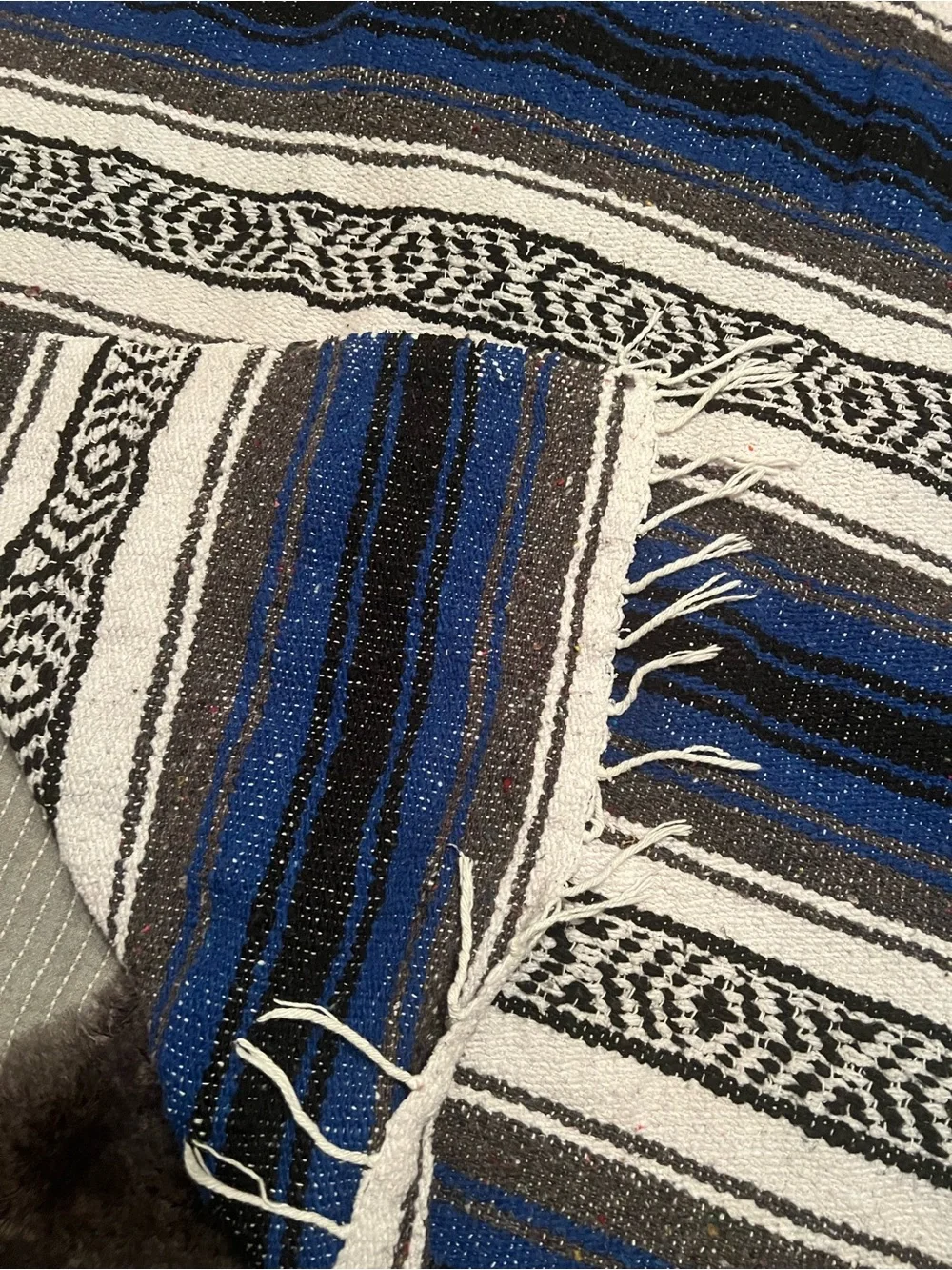 Authentic Mexican Falsa Blanket – Blue, Black & White Serape Throw